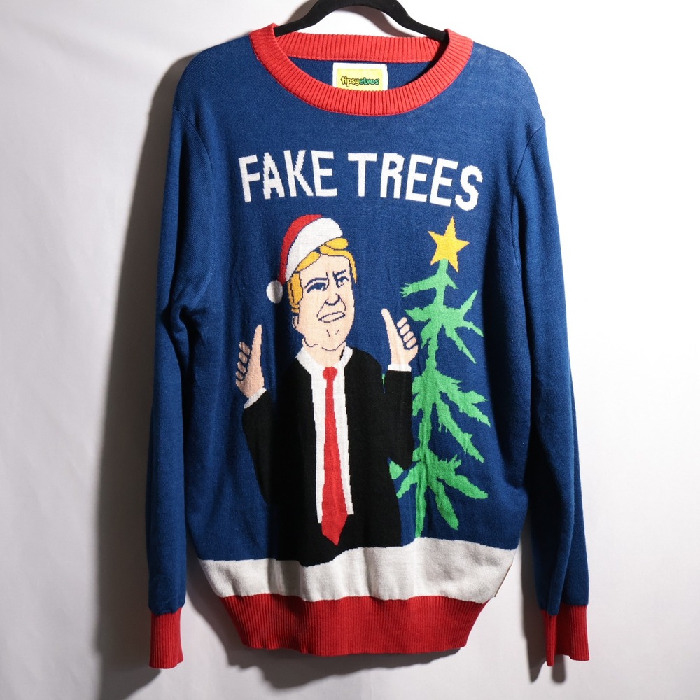 Tipsy Elves Mens Fake Trees Donald Trump Ugly Christmas Sweater Blue XL Politics